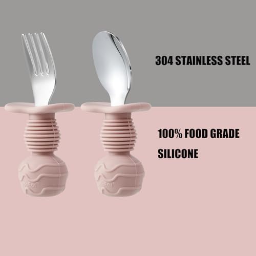 PandaEar 6-Pack Stainless Steel Toddler Spoons Forks Set Anti-Choke PinkBeige