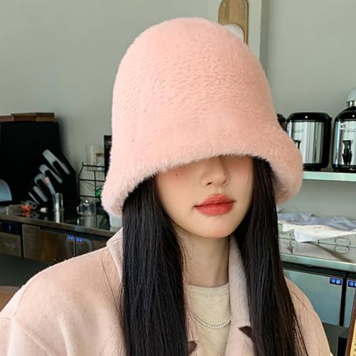 Womens Winter Fuzzy Bucket Hat - Fluffy Faux Fur Cute Plush Hat