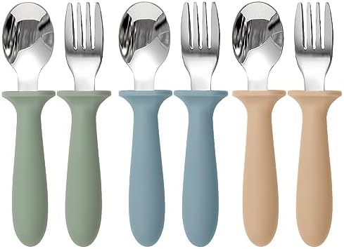 Eascrozn Toddler Utensils Set 6-Piece SILICONE HANDLED SILVERWARE 188 Stainless Steel