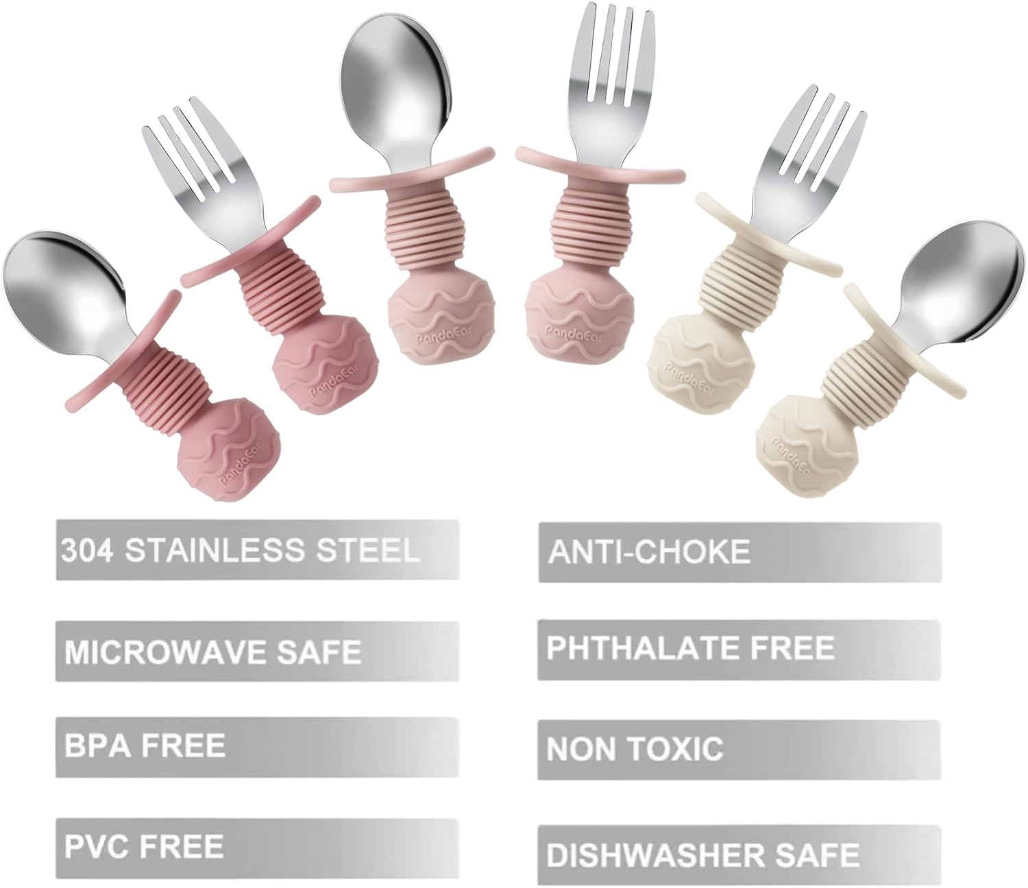 PandaEar 6-Pack Stainless Steel Toddler Spoons Forks Set Anti-Choke PinkBeige