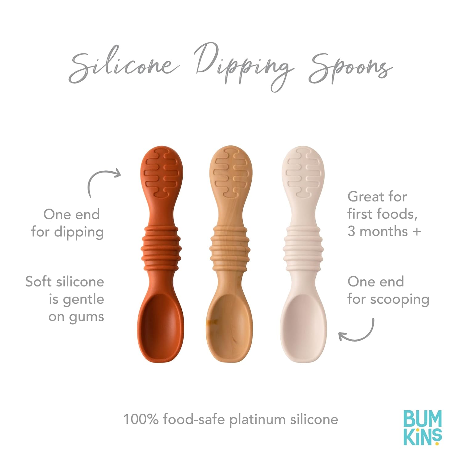 Bumkins Baby Utensil Set Silicone Trainer 4 Months 3-Pk Beige and Brown