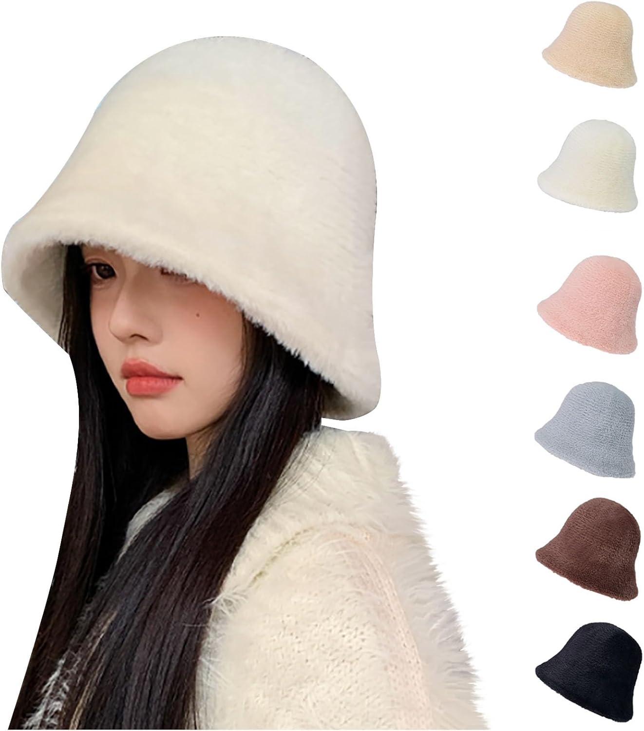 Womens Winter Fuzzy Bucket Hat - Fluffy Faux Fur Cute Plush Hat