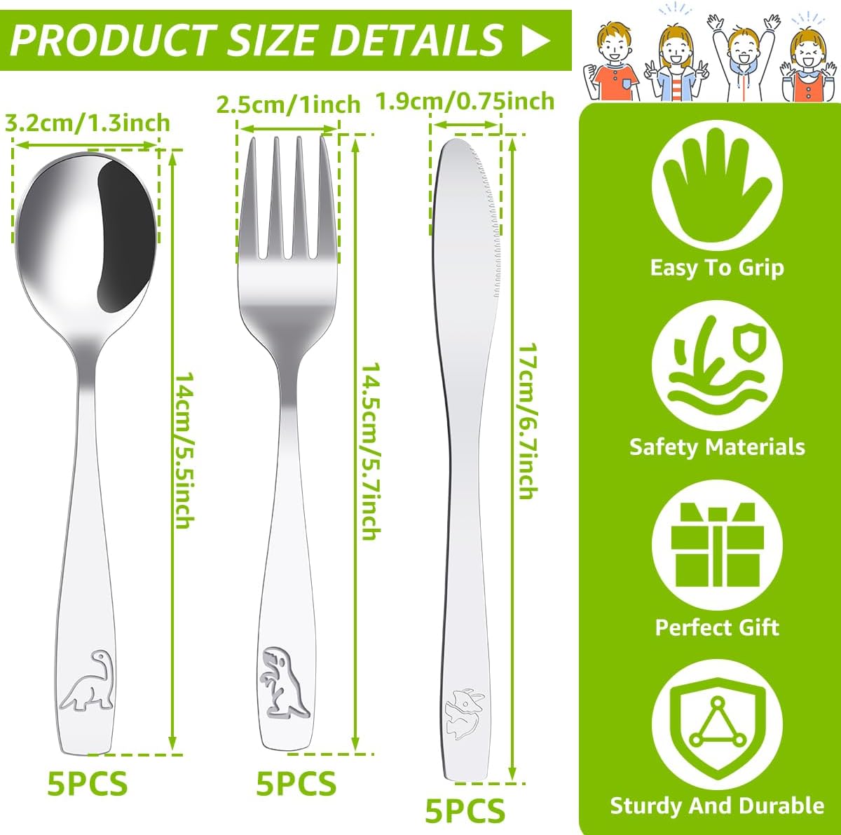 SSSTTARRR Kids 30Pc Silverware Set Dinosaur-Themed Ergonomic Flatware for Babies Kids