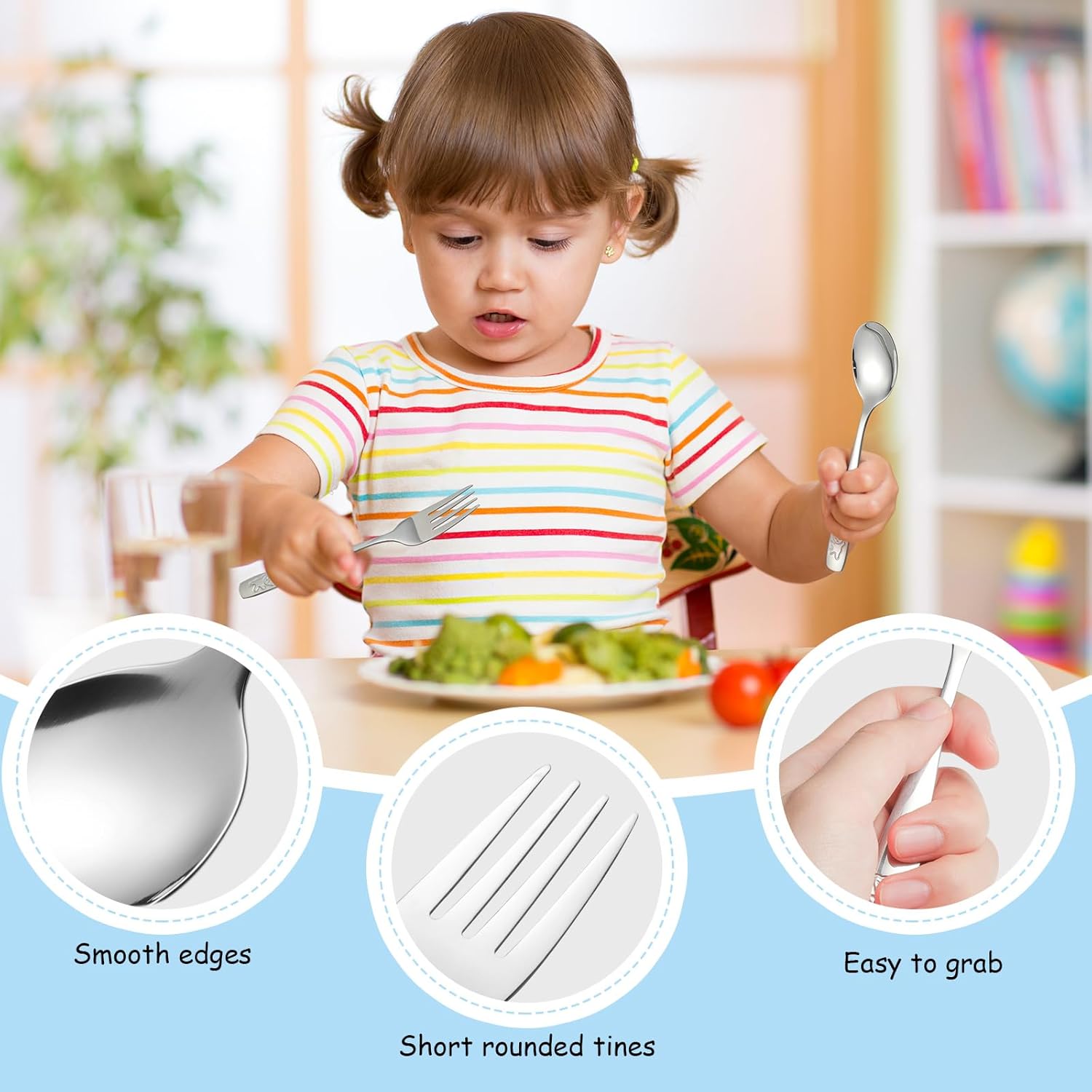 Sturdy stainless steel toddler utensils for self-feeding