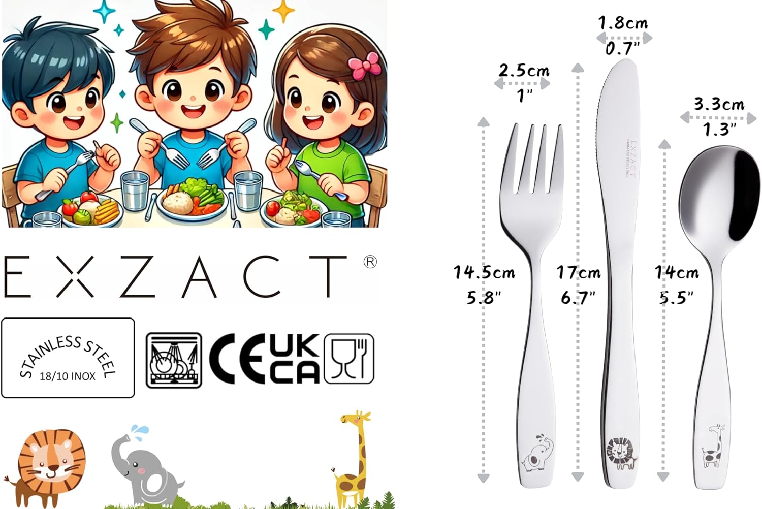 Exzact Kids Flatware Set 6pc Stainless Steel Baby Utensils