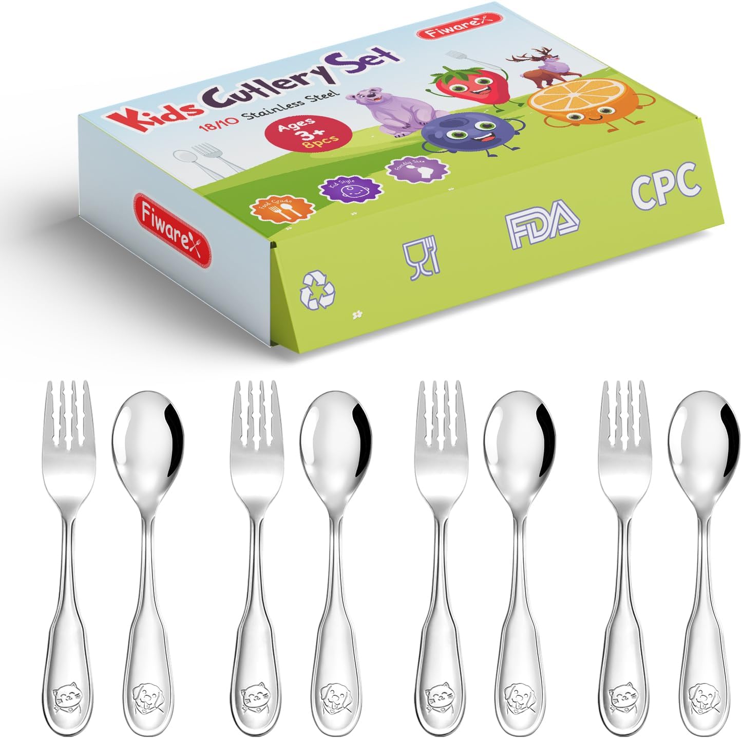 Toddler Flatware Set 8-Piece Dog Cat Design Premium Stainless Steel