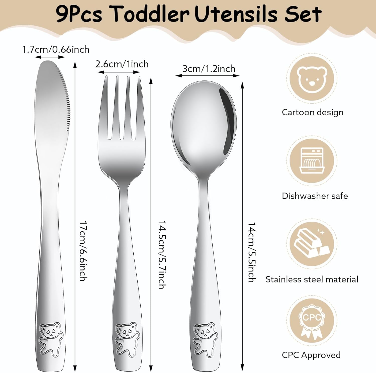 9 Piece Stainless Steel Kids Polished Flatware Set for Toddlers
