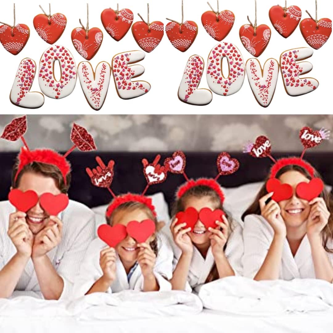 HIPIHOM 4Pcs Valentines Day Headbands with Red Sequins and Heart Boppers