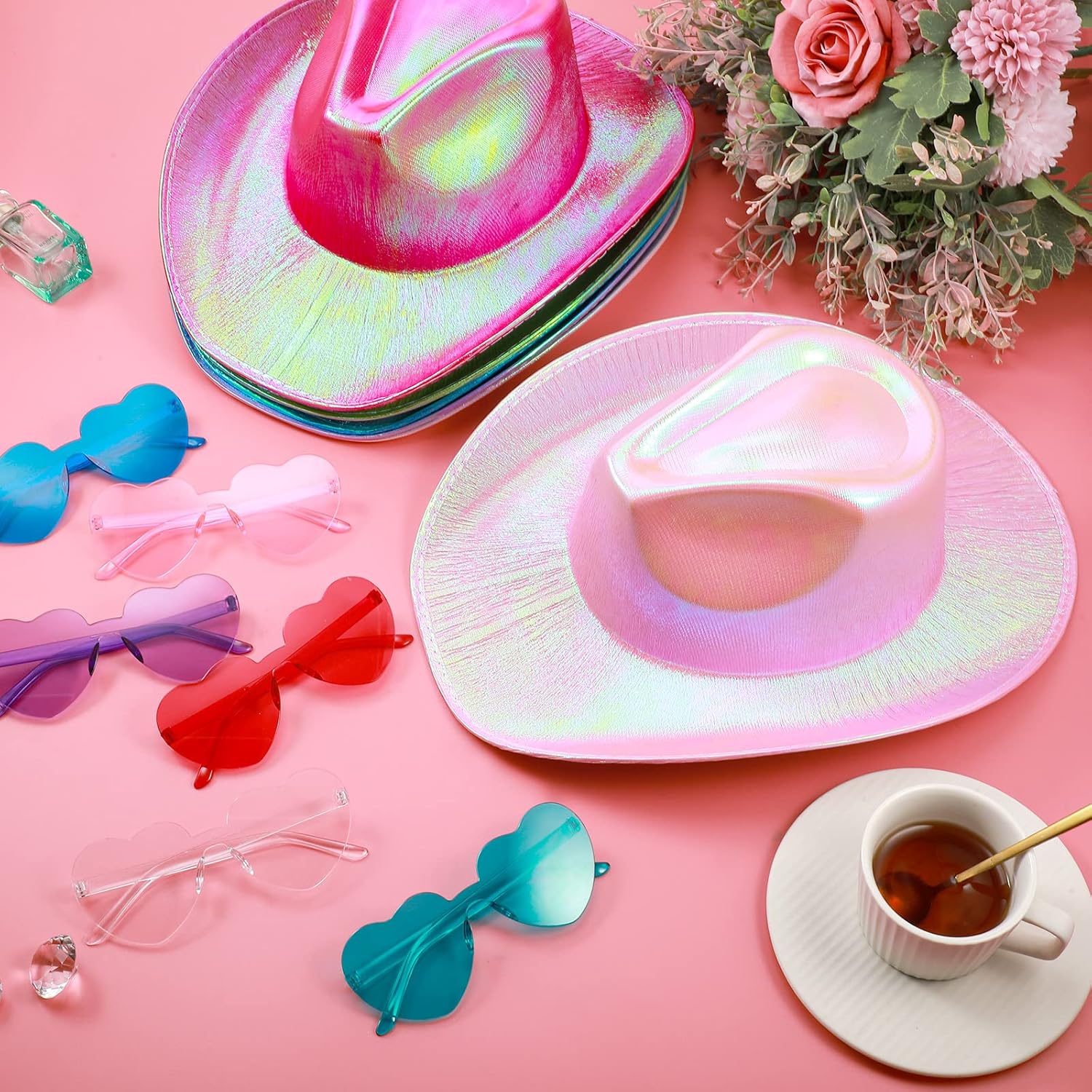 Set of 12 Holographic Neon Cowboy Hats Heart Sunglasses