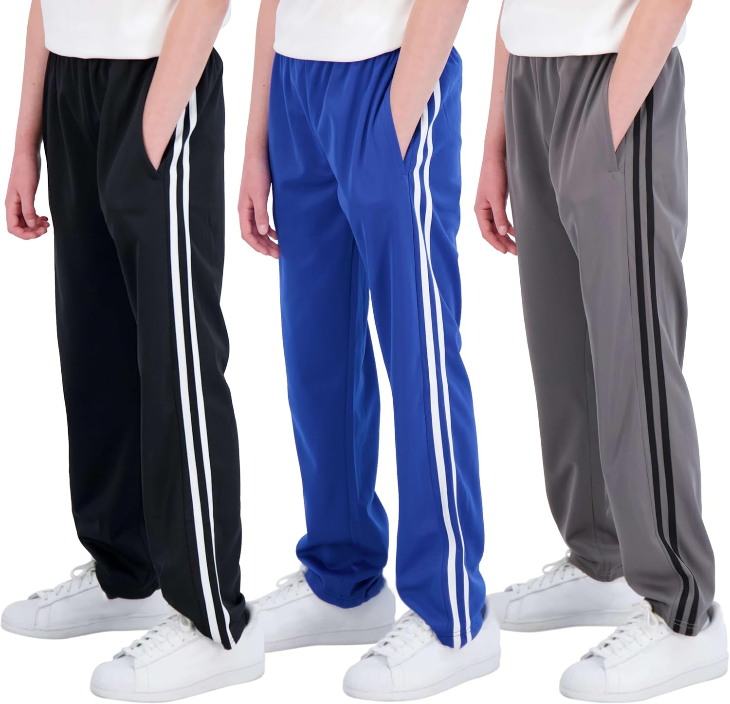 Real Essentials 3 Pack Boys Tricot Open Bottom Fleece-Lined Sweatpants with Pockets