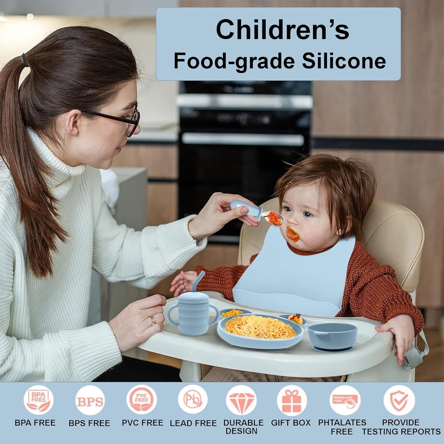 Generic Silicone Baby Feeding Set for Safe Comfortable Meal Time BLUE