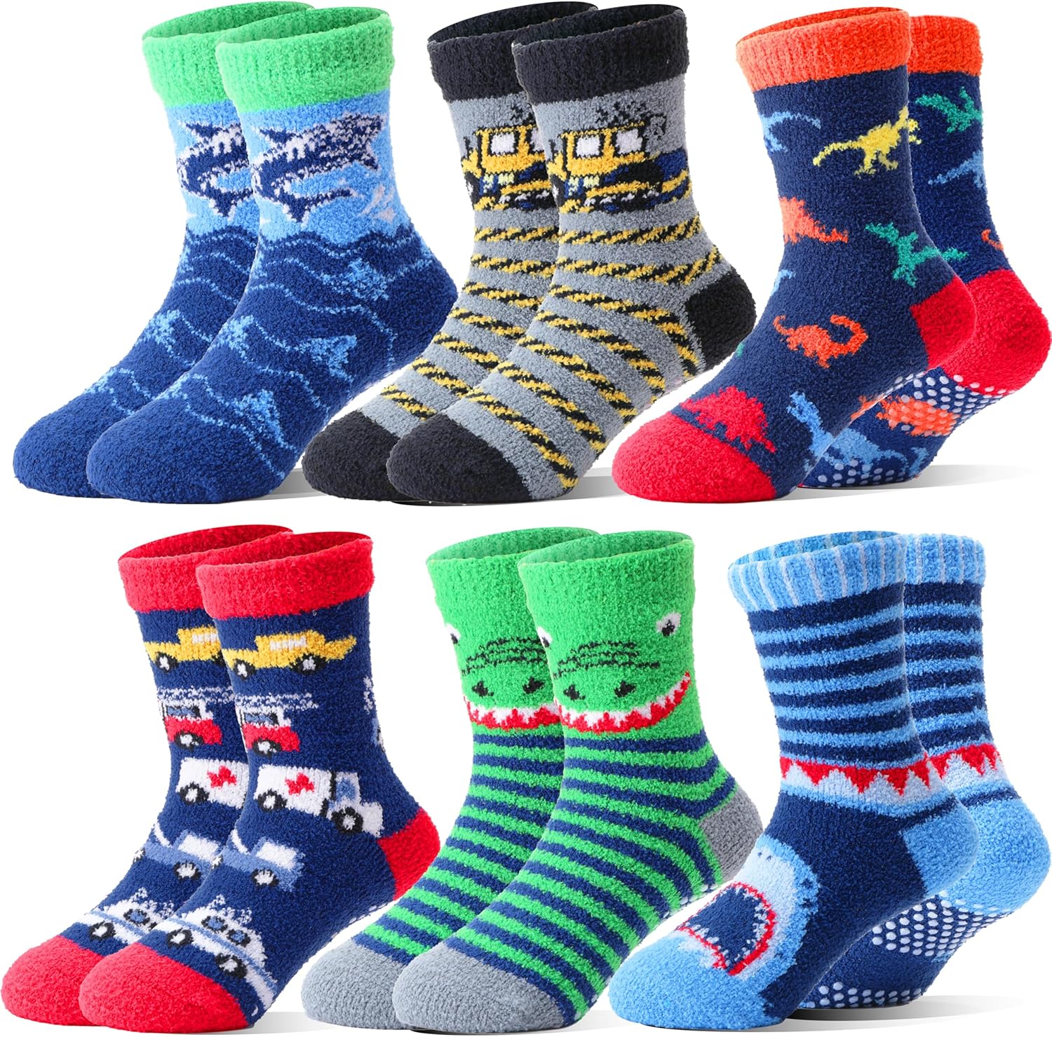 Kids Boys Toddlers Fuzzy Slipper Socks 6 Pairs