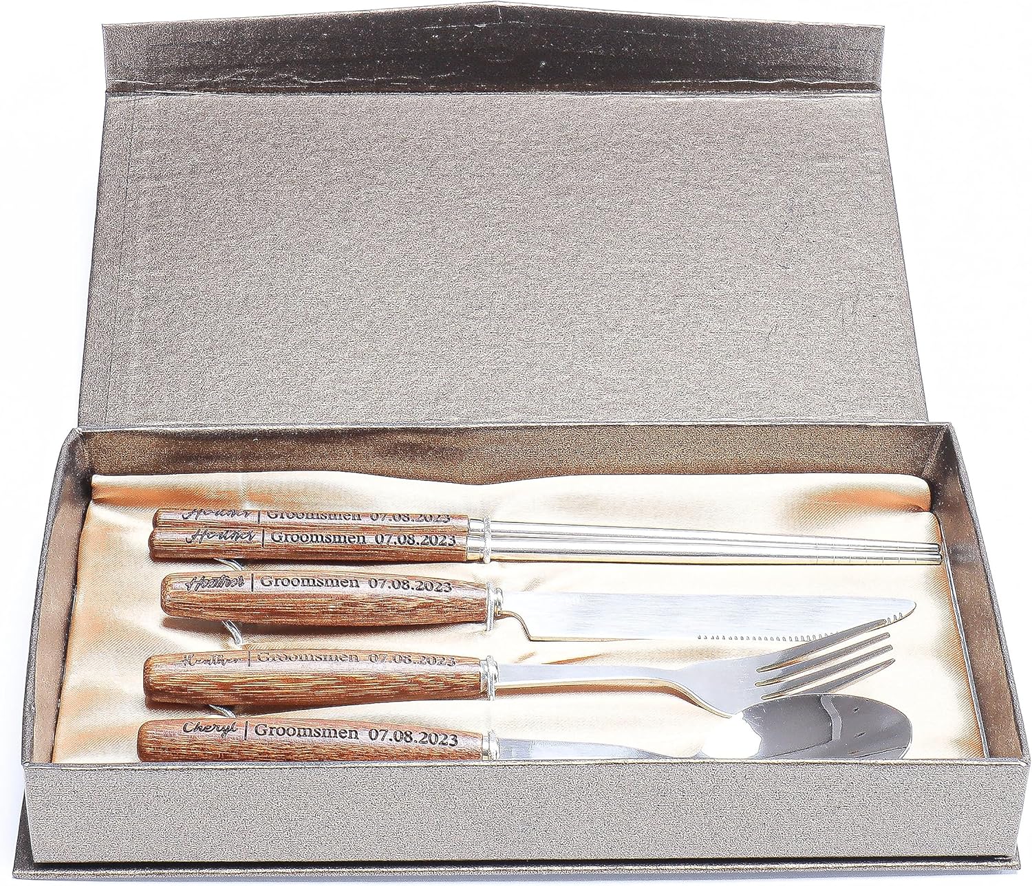 Personalized Wood Handle Stainless Steel Utensil Set with Gift Box
